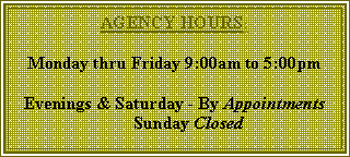 Text Box: AGENCY HOURS:Monday thru Friday 9:00am to 5:00pmEvenings & Saturday - By Appointments       Sunday Closed